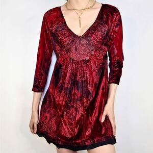 Red Velvet Babydoll Tunic Top Gothic V Neck Mini Witchy Medium Whimsigoth Y2K